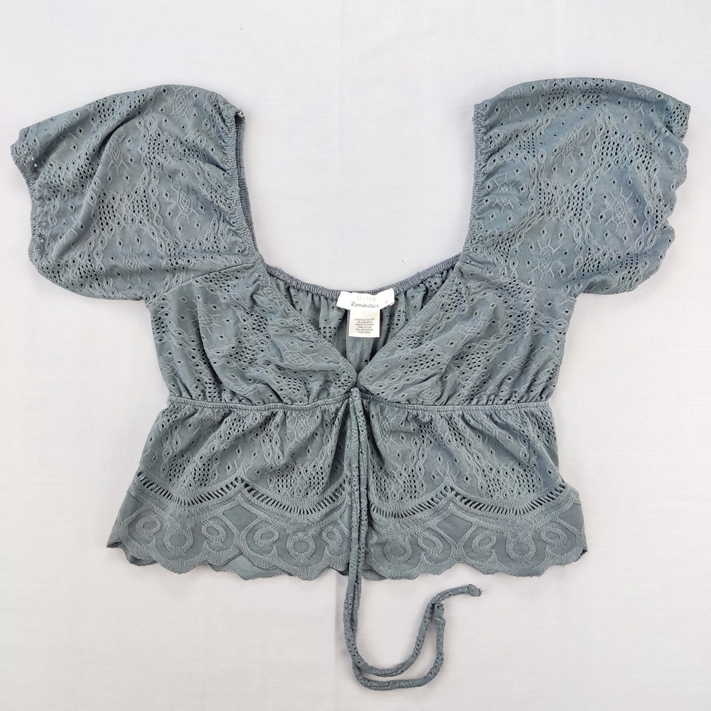 Urban Romantics Top Womens S Blue Eyelet Crop V-Neck Puff Sleeve Boho Tie Front